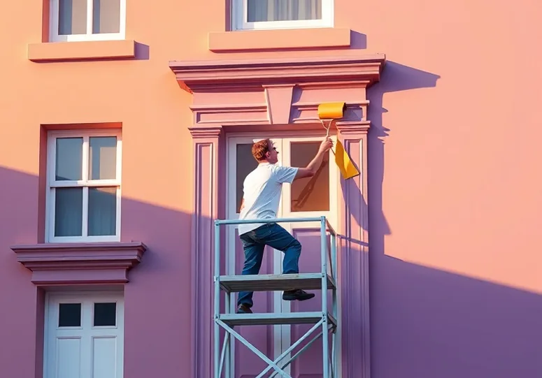 Peintre sur échafaudage traitant la façade d'une maison